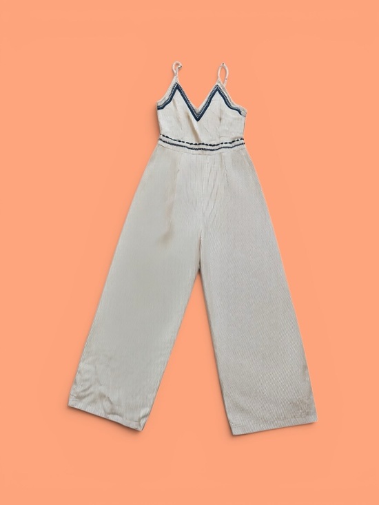 Pants - Striped Cream Wide-Leg Jumpsuit with Navy Trim